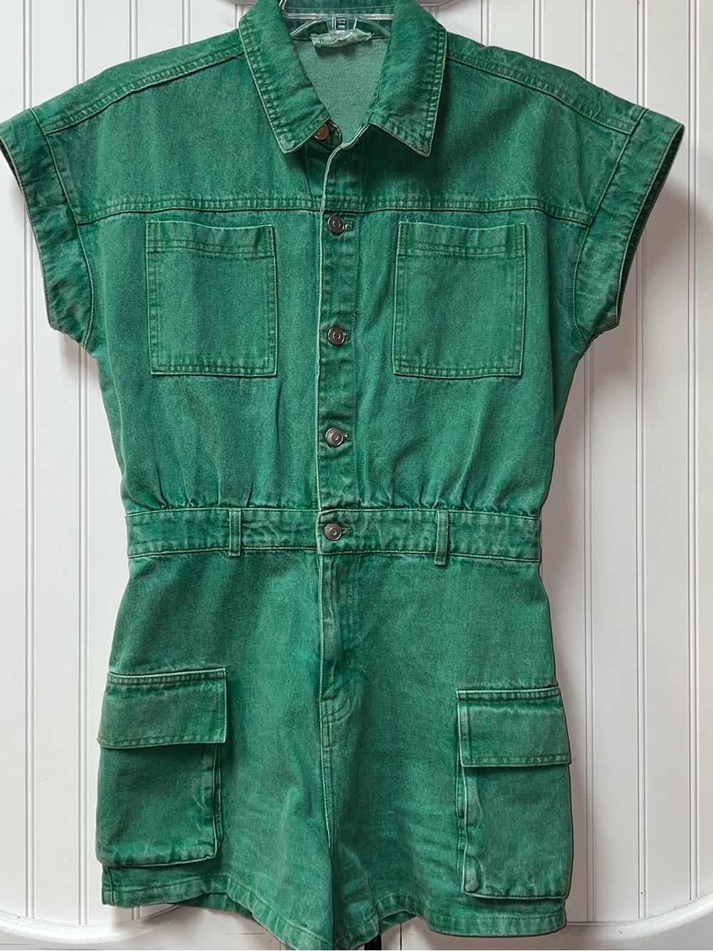 Peach Love Denim Cargo Romper M Shorts Green